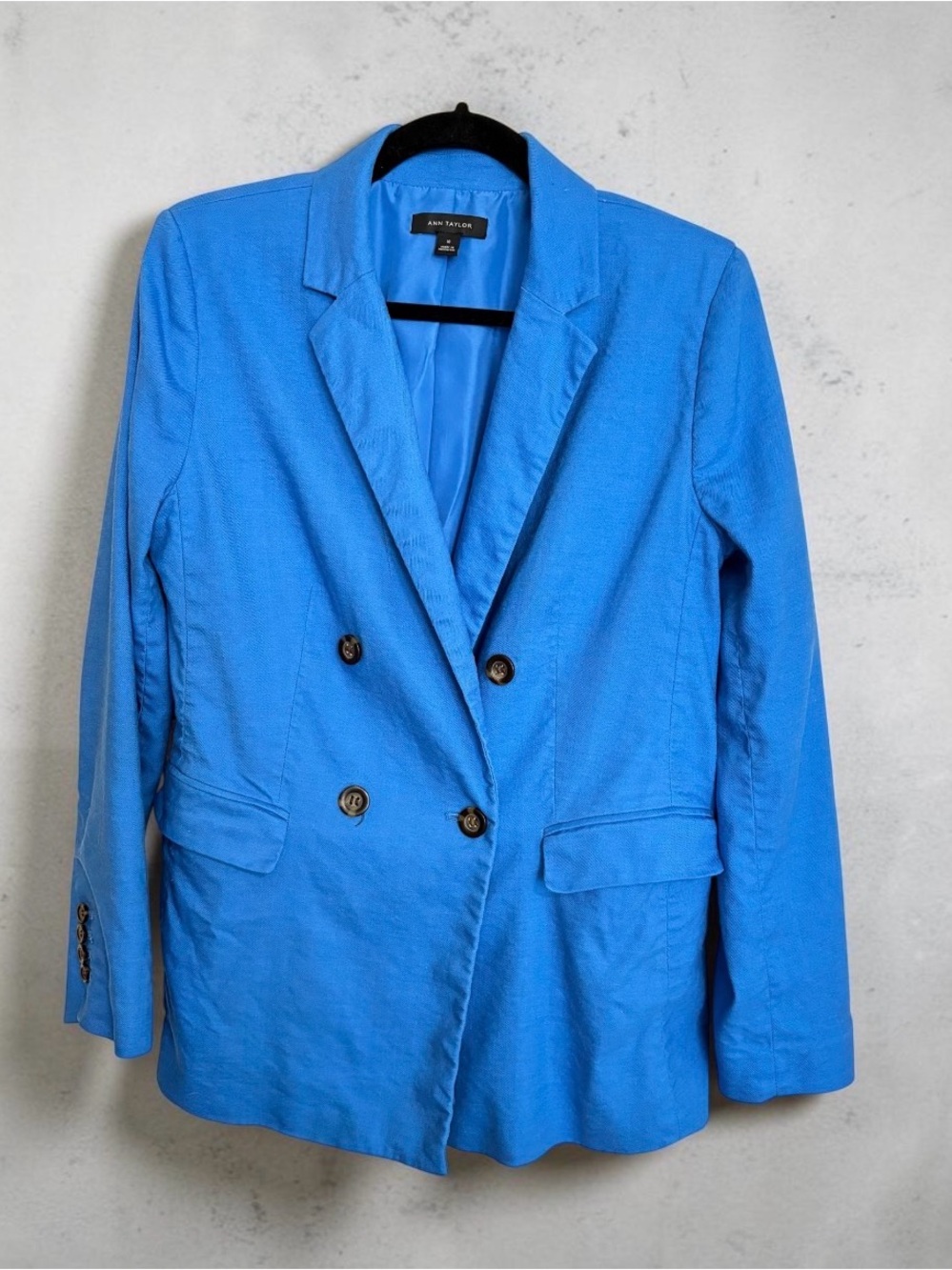 Ann Taylor Double-Breasted Linen Blend Blue Blazer 10 *** interior stain-